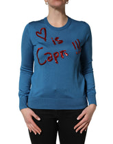 Dolce & Gabbana Blue Silk Sequined CrewNeck Pullover Sweater