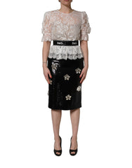 Dolce & Gabbana White Lace Top Embellished Black Skirt Dress
