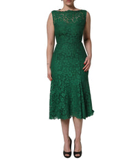 Dolce & Gabbana Green Floral Lace Cotton Sleeveless Midi Dress