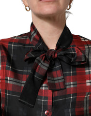 Dolce & Gabbana Red Black Plaid Silk Tie-Neck Blouse Top