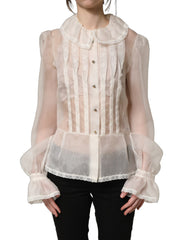 Dolce & Gabbana White Ruffled Sheer Silk Buttoned Blouse Top