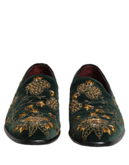 Dolce & Gabbana Green Floral Embroidery Dress Loafers Shoes