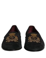 Dolce & Gabbana Black Velvet Crown Embroidery Loafers Shoes