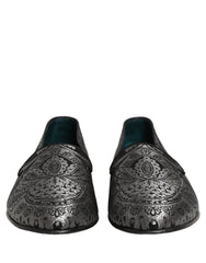 Dolce & Gabbana Silver Jacquard Leather Slip On Loafers Shoes
