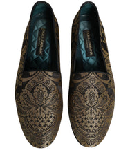 Dolce & Gabbana Gold Jacquard Leather Slip On Loafers Shoes
