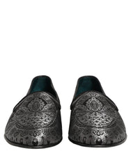 Dolce & Gabbana Silver Jacquard Leather Slip On Loafers Shoes