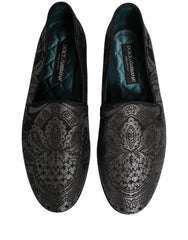 Dolce & Gabbana Silver Jacquard Leather Slip On Loafers Shoes