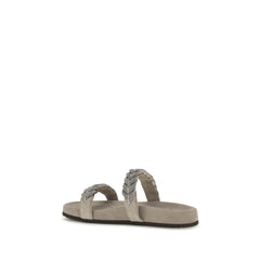 Brunello Cucinelli Gray Calf Leather Bos Taurus Flat Sandals