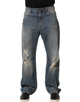 Dolce & Gabbana Blue Cotton Distressed Straight Denim Jeans