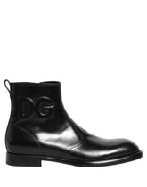 Dolce & Gabbana Black Leather Embossed Logo Ankle Boots Shoes