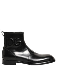 Dolce & Gabbana Black Leather Embossed Logo Ankle Boots Shoes
