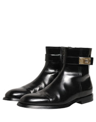 Dolce & Gabbana Black Leather Logo Buckle Mid Calf Boots Shoes