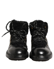 Dolce & Gabbana Black Trekking Fur Lace Leather Boots Shoes
