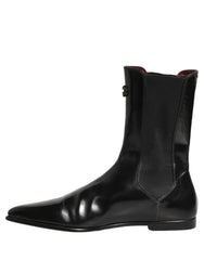 Dolce & Gabbana Black Leather Chelsea Mid Calf Boots Shoes