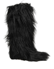 Dolce & Gabbana Black Faux Fur Mid Calf Winter Boots Shoes