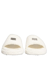 Dolce & Gabbana White Faux Fur Flats Men Slides Sandals Shoes