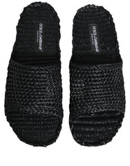 Dolce & Gabbana Black Straw Raffia Slides Sandals Flats Shoes