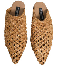 Dolce & Gabbana Beige Woven Straw Slides Sandals Flats Shoes