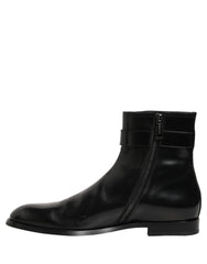 Dolce & Gabbana Black Leather Logo Buckle Mid Calf Boots Shoes