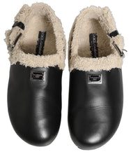 Dolce & Gabbana Beige Black Fur Shearling Slides Sandals Shoes