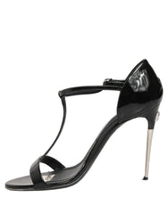 Dolce & Gabbana Black Leather T-strap Heels Sandals Shoes