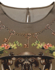 Dolce & Gabbana Brown Keys Roses Printed Silk Blouse Top