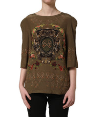 Dolce & Gabbana Brown Keys Roses Printed Silk Blouse Top