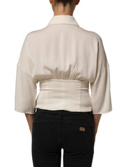 Dolce & Gabbana Off White Ascot Collar Long Sleeves Blouse Top