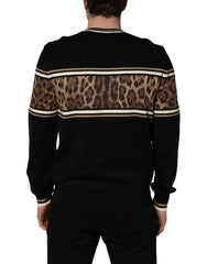 Dolce & Gabbana Black Leopard Wool Crew Neck Men Pullover Sweater