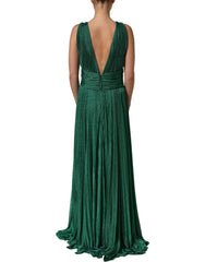 Dolce & Gabbana Metallic Green Sleeveless Plissé Gown Dress
