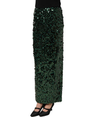 Dolce & Gabbana Green Sequin High Waist Pencil Cut Midi Skirt