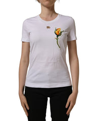 Dolce & Gabbana White Cotton Rose Patch Crew Neck T-shirt