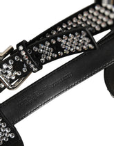 Dolce & Gabbana Black Leather Rhinestones Embellished Men Suspender