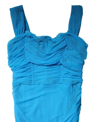 Dolce & Gabbana Blue Ruched Tulle Midi Square Neck Dress