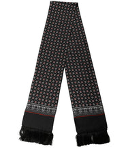 Dolce & Gabbana Black Silk Crown Fringed Neck Shawl Scarf