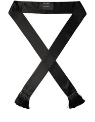 Dolce & Gabbana Black Satin Silk Skinny Fringed Shawl Scarf