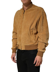 Dolce & Gabbana Beige Leather Perforated Full Zip Men Jacket