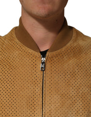 Dolce & Gabbana Beige Leather Perforated Full Zip Men Jacket