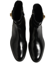 Dolce & Gabbana Black Leather Buckle Mid Calf Boots Shoes