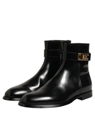 Dolce & Gabbana Black Leather Buckle Mid Calf Boots Shoes
