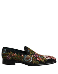 Dolce & Gabbana Black Velvet Floral Embroidery Loafers Shoes