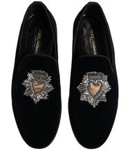 Dolce & Gabbana Blue Velvet Embellished Slip On Loafers Shoes