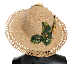 Dolce & Gabbana Beige Wide Brim Floral Bucket Capello Hat