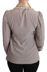 Dolce & Gabbana Gray Silk Gold Sequin Lace Blouse Shirt