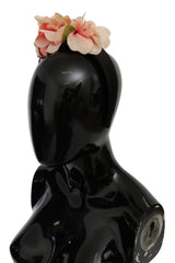 Dolce & Gabbana Pink Silk Black Floral Headband Logo Diadem