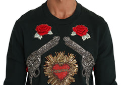 Dolce & Gabbana Green Crystal Heart Roses Gun Sweater