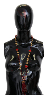 Dolce & Gabbana Gold Tone Brass Red Crystals Pendant Opera Chain Necklace