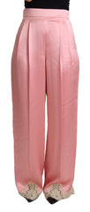 Dolce & Gabbana Pink Lace Trimmed Silk Satin Wide Legs Pants