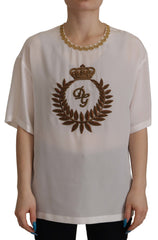 Dolce & Gabbana White Silk Gold DG Crown Crystal Blouse Top