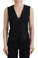 Dolce & Gabbana Black Brocade Button Down Sleeveless Vest Top
